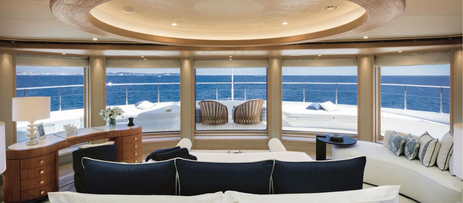 View from the master cabinb bed with 180 views of the exterior deck. >